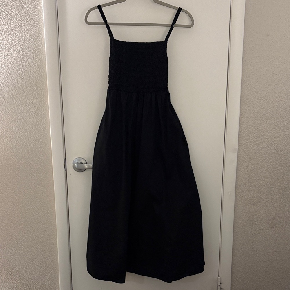 Old Navy Cotton Black Ruched Top Spaghetti Strap Pockets Bodice Midi Dress SZ S
